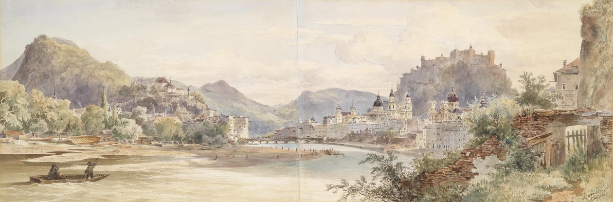 Tysk: Panorama over byen Salzburg med fæstningen Hohensalzburg af Anton Altmann