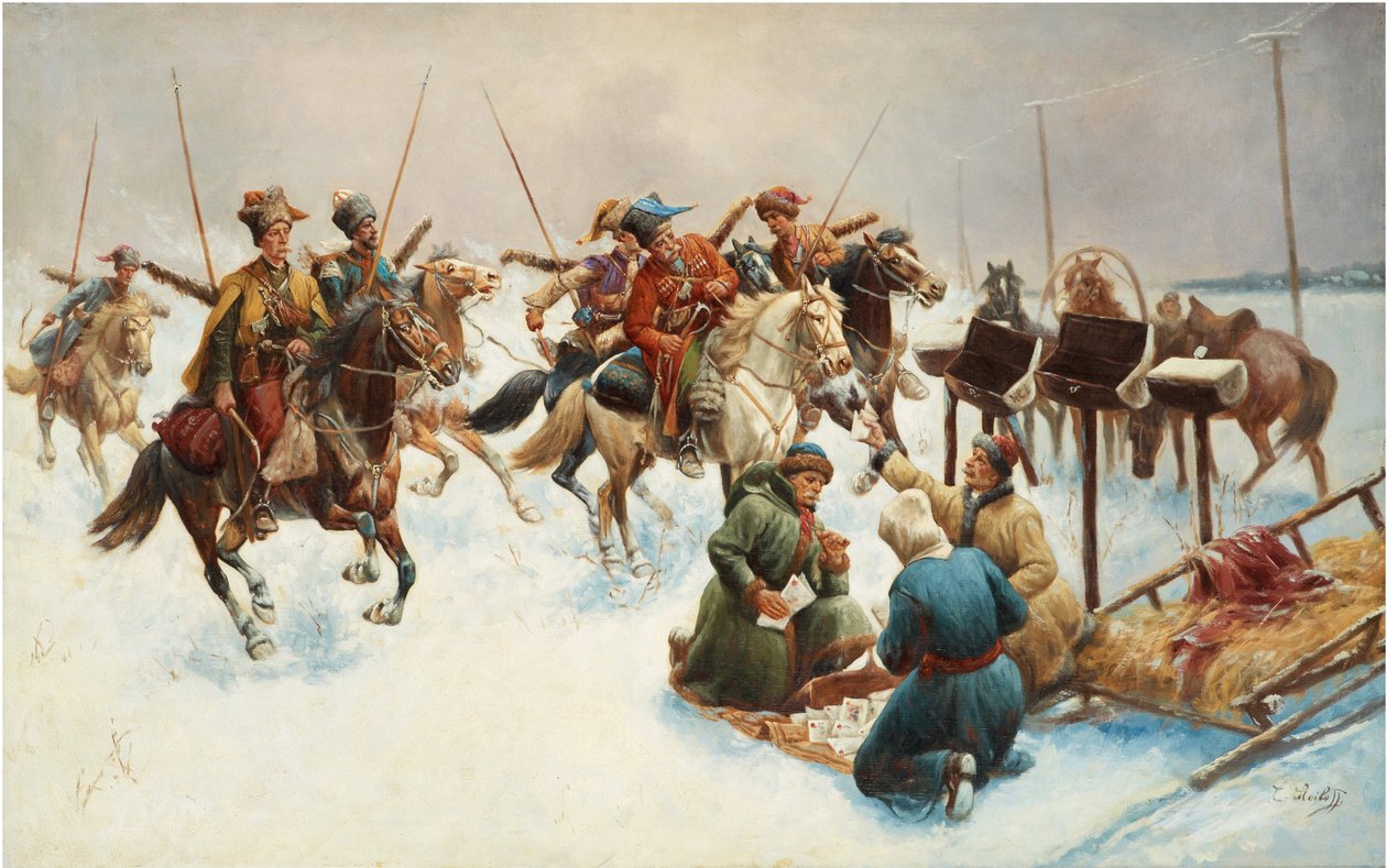 Vinterlandskab med kosakker (postudbringning) - Maleri af Adolf Baumgartner Stoiloff (Baumgartner-Stoiloff) (1850-1924), olie på lærred, 82x130 cm - Privat samling af Anton Baumgartner Stoiloff