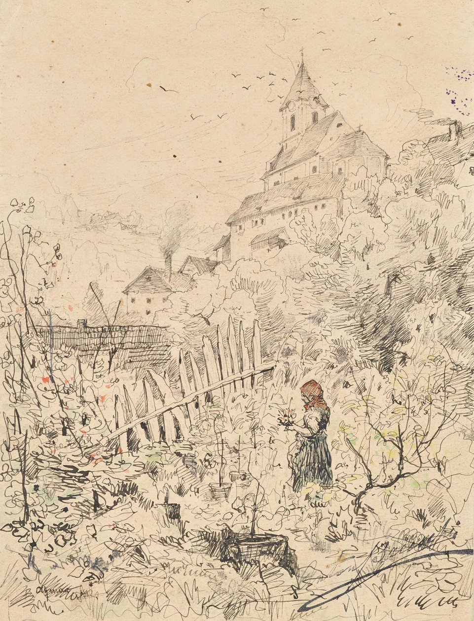 Bondepige i haven, bag hendes kirke og landsby af Anton Brioschi