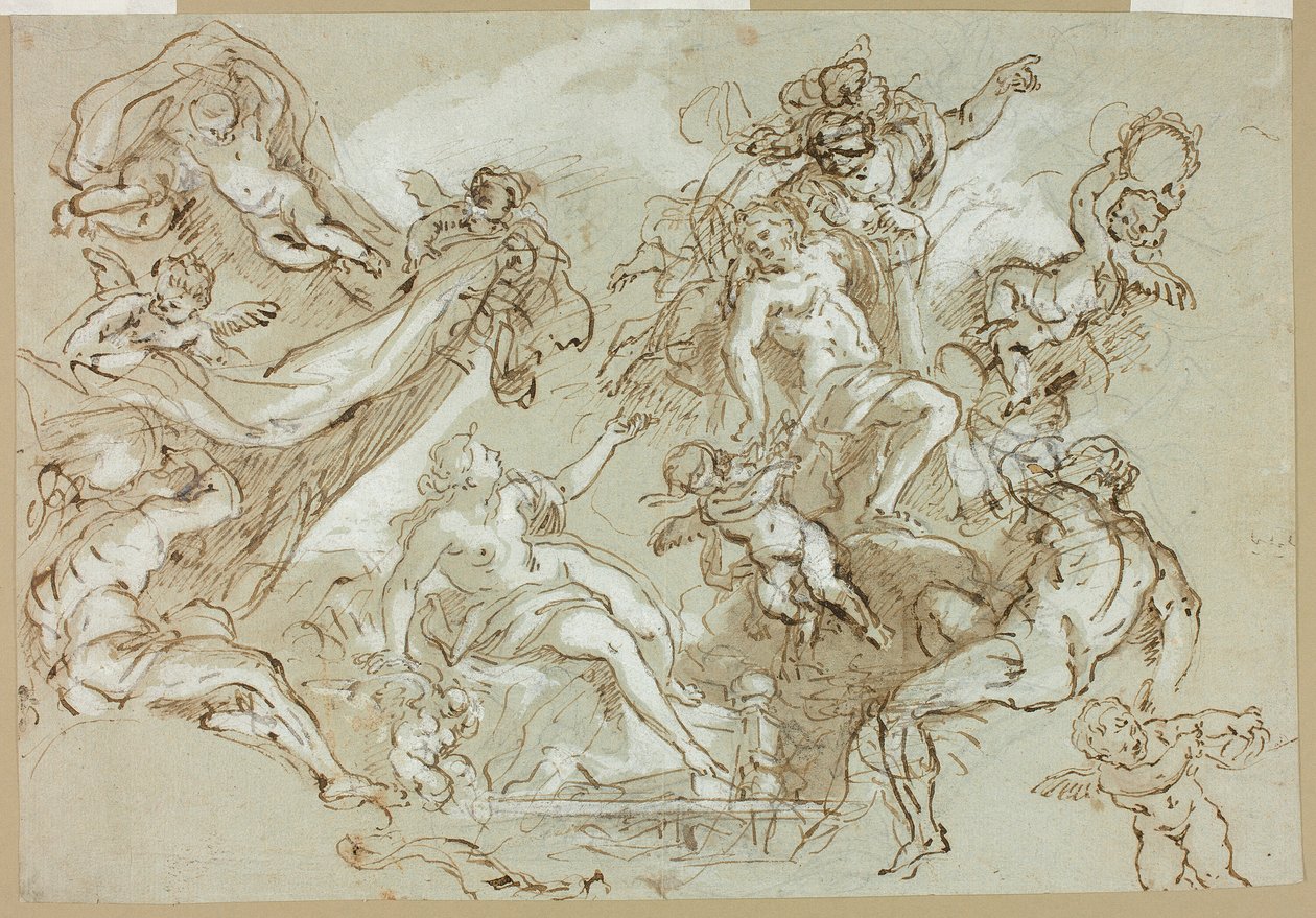 Apotheose af Herkules (recto); Skitser af hestehoved, hesteforpart og altertavle eller ciborium (verso) af Anton Domenico Gabbiani