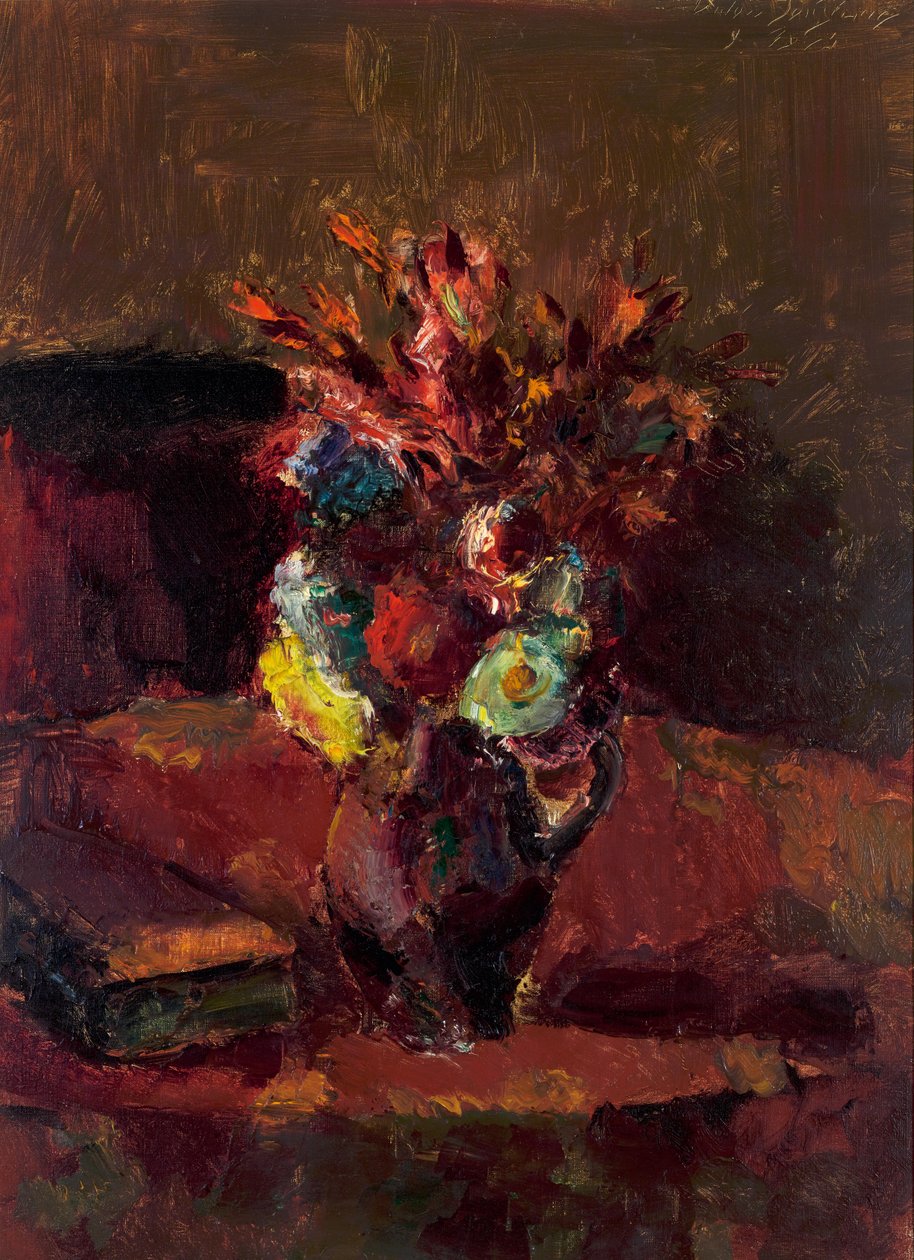 Blomsterbuket med rød dug af Anton Faistauer