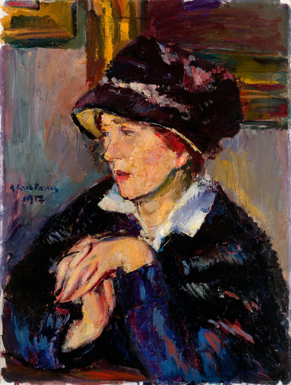Kvinde med mørk hat - Maleri af Anton Faistauer (1887-1930) olie på lærred af Anton Faistauer