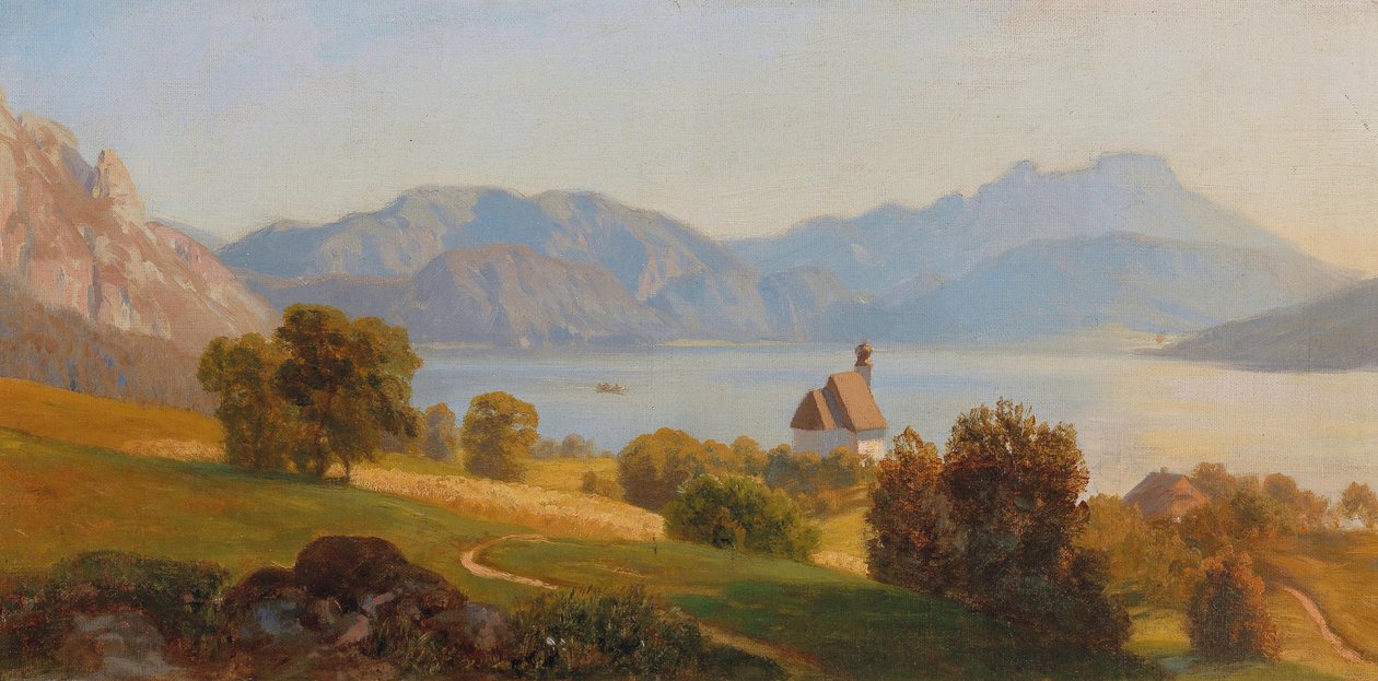 Steinbach ved Attersee med Schafberg af Anton Hlavacek
