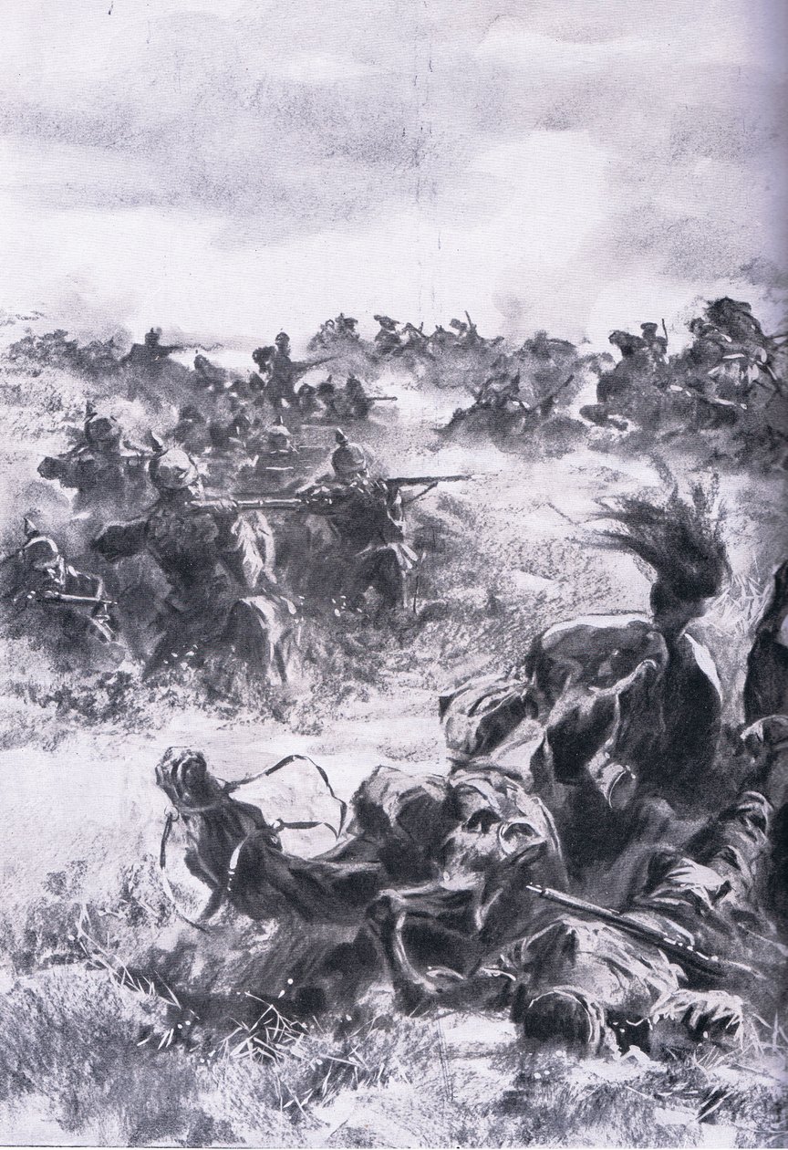 Nederlag til den 14. russiske kavaleribrigade ved Praszysz, fra The Illustrated History of the World War 1914-1915 pub. af Union Berlagsefellfchaft af Anton Hoffman