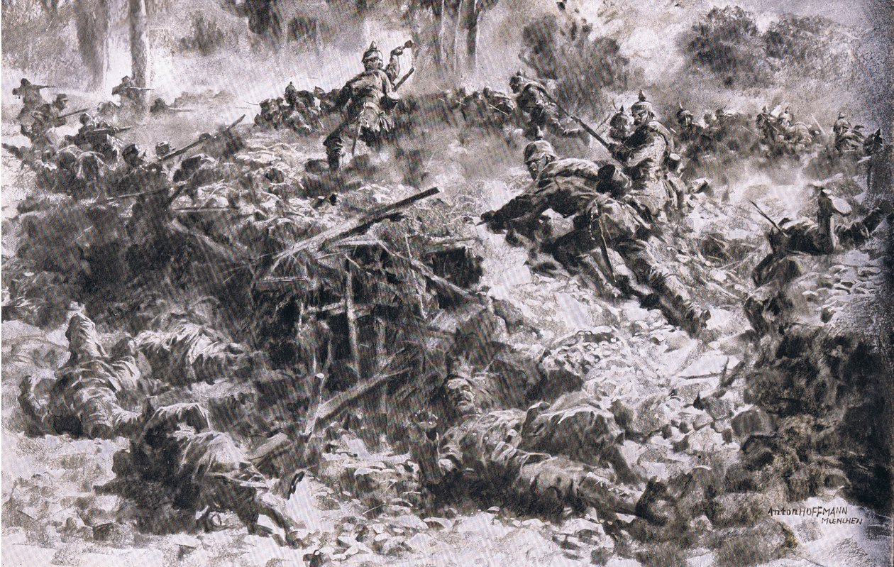 Württemberg-kongens grenaderer bryder igennem fjendens placeringer i Argonnes, fra pubben The Illustrated History of the World War 1914-1915. af Union Berlagsefellfchaft af Anton Hoffman