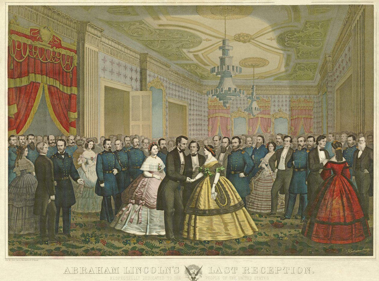 Abraham Lincolns sidste reception, pub. 1865 (håndfarvet litho) af Anton Hohenstein