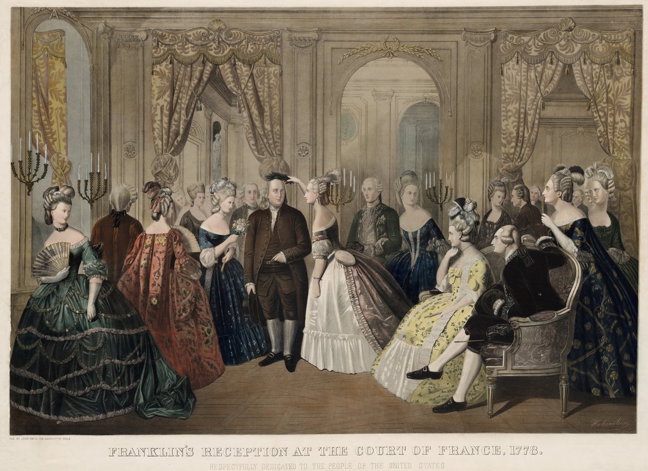 Franklins reception ved retten i Frankrig, 1778, respektfuldt dedikeret til folket i USA, pub. 1865 af Anton Hohenstein