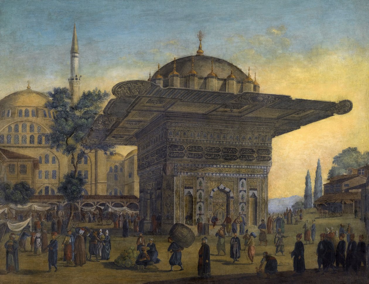 ""Udsigt over Tophane-fontænen (Top Hane), Istanbul, Tyrkiet"" Maleri af Antoine Ignace Melling (1763-1831) 1819 Privat samling af Anton Ignaz Melling