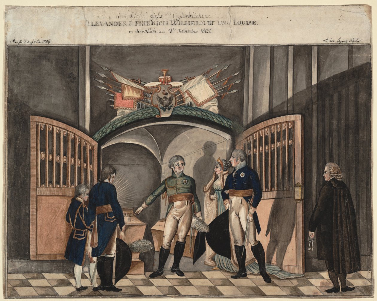 I nærheden af Frederik den Stores aske. Zar Alexander I, Kong Frederik Vilhelm III og Louise af Pr af Anton Ignaz Vogel