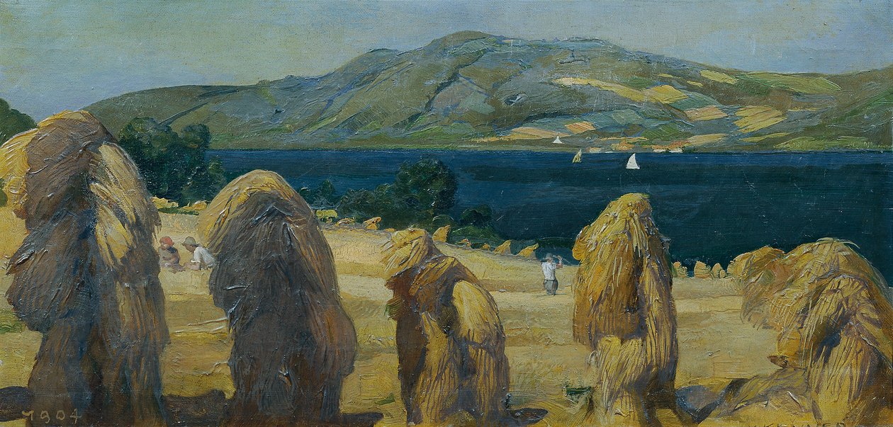 Attersee landskab med kornmandler af Anton Josef von Kenner