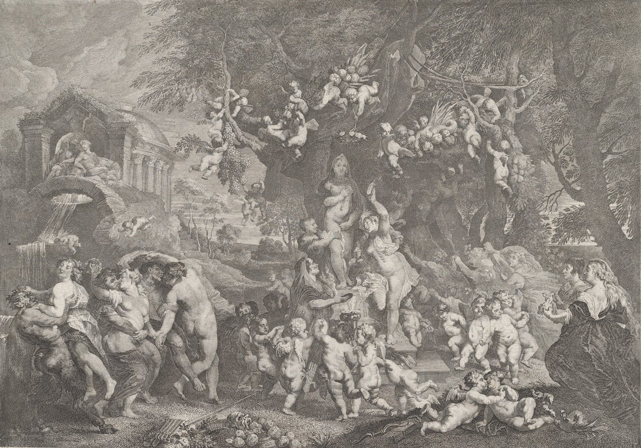 Venusfesten, med grupper af satyrer, nymfer og putti, der danser omkring en statue af Ve..., 1732. af Anton Joseph von Prenner