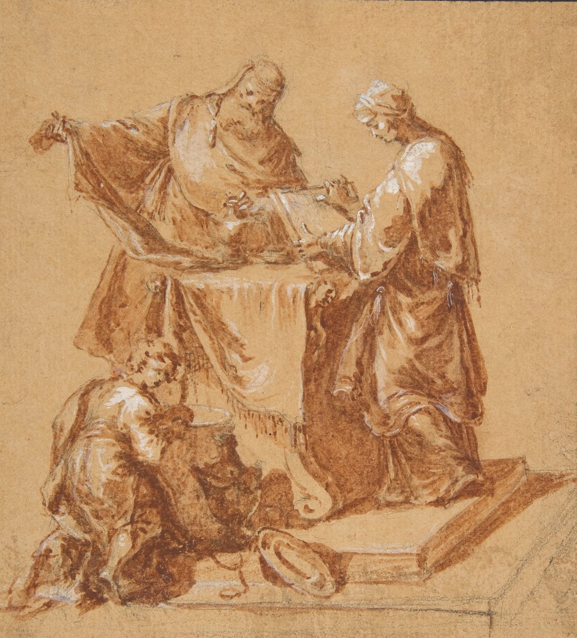 En ypperstepræst, profetinden Anna og en knælende dreng omkring et bord, 1745. af Anton Kern