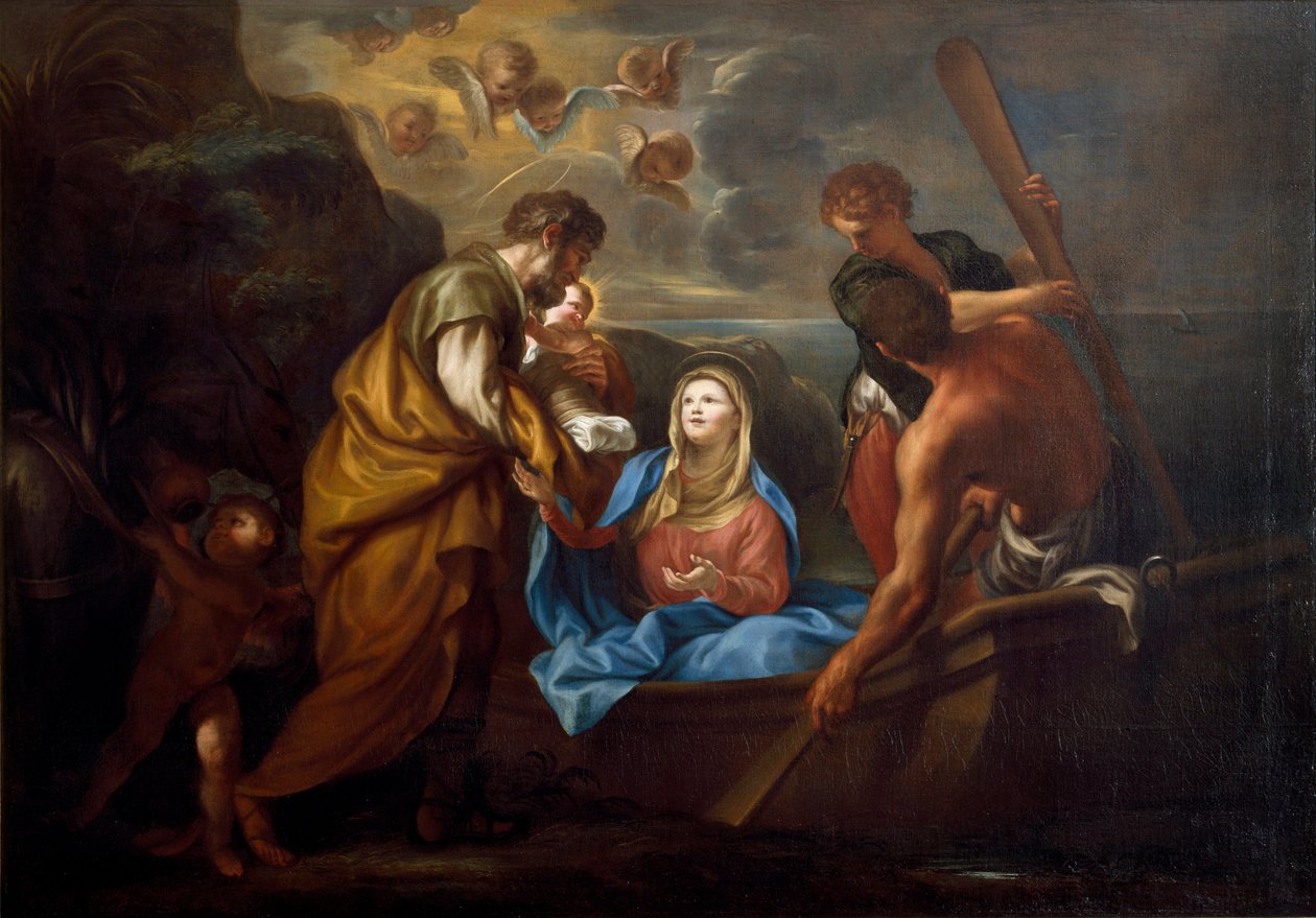 Flugten til Egypten Den hellige familie går om bord på en båd. Maleri af Anton Maria Piola (1654-1715) Collezione Banca Carige Genes af Anton Maria Piola