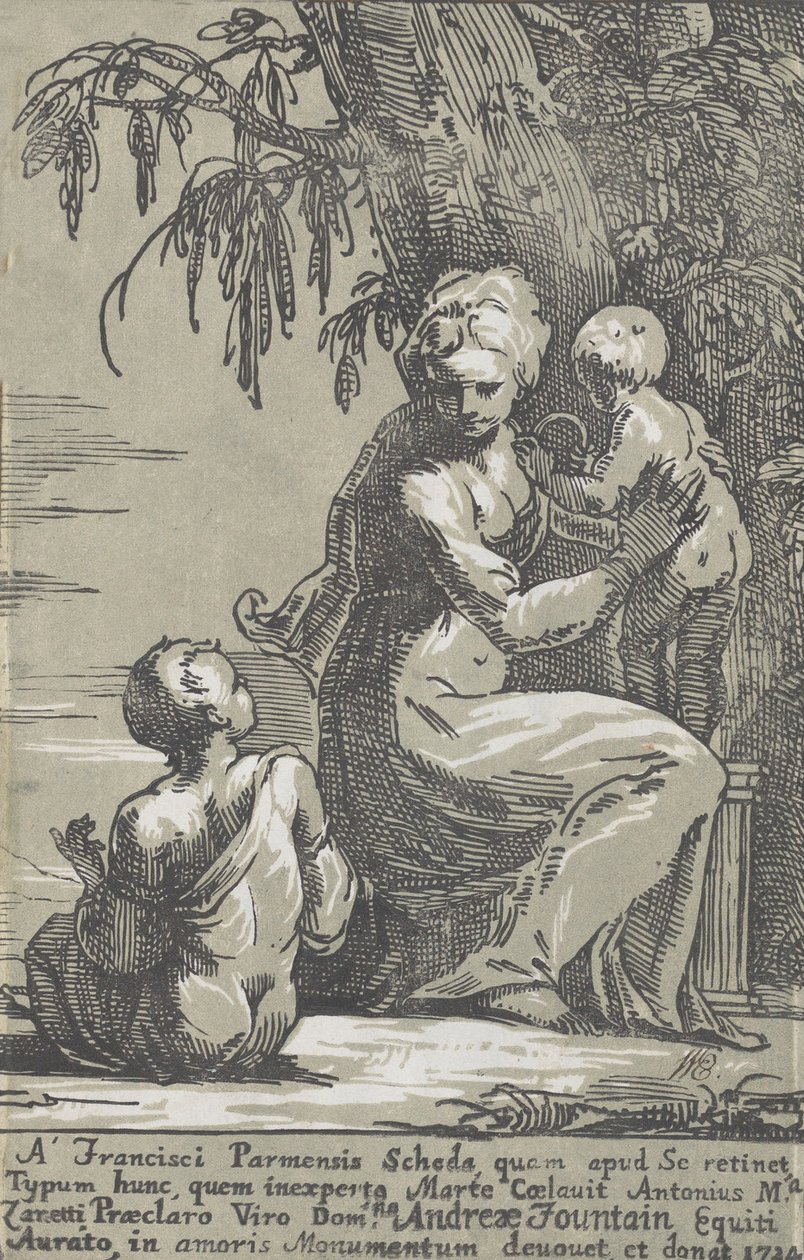 En kvinde, der står ved foden af et træ og holder et spædbarn, med en siddende dreng, 1724. af Anton Maria Zanetti