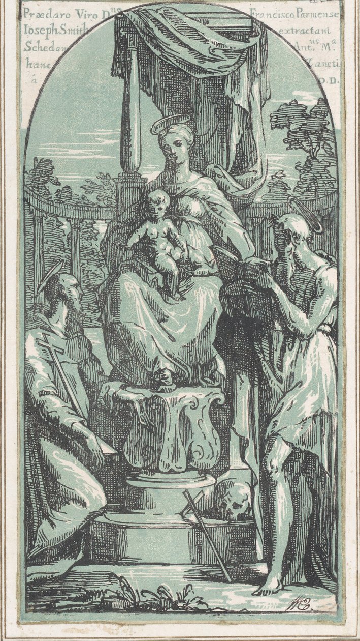 Jomfruen og barnet på tronen, Saint Hieronymus nederst til højre, Saint Francis..., før 1749. af Anton Maria Zanetti