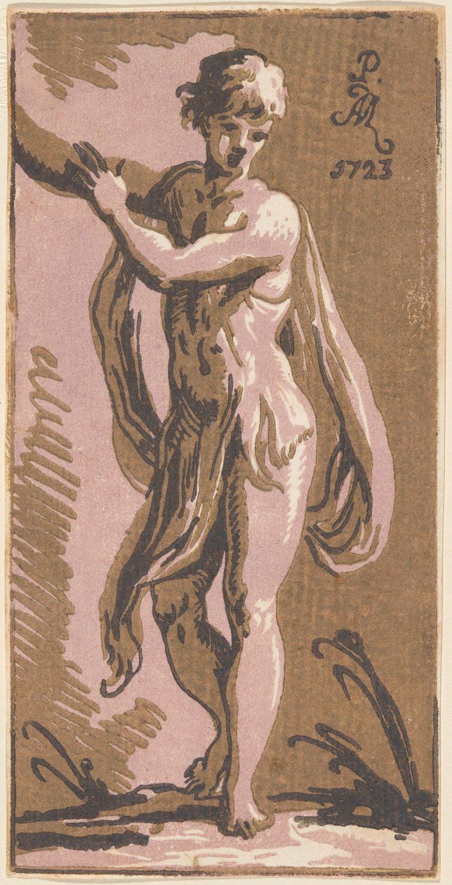 En stående ungdom, der gestikulerer til højre af Anton Maria Zanetti I, after Parmigianino