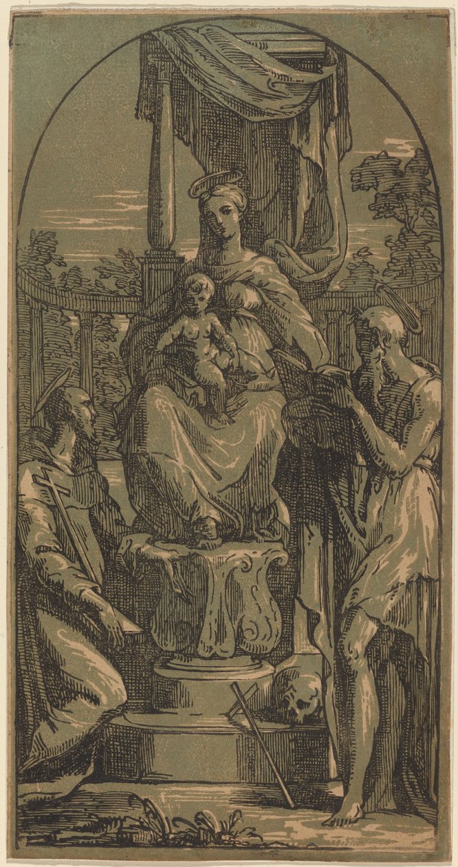 Madonna og barn på tronen, Saint Jerome og Saint Francis af Anton Maria Zanetti I, after Parmigianino