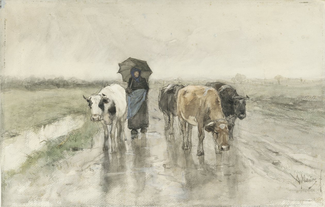 En hyrde med køer på en landevej i regnen En bondekone med køer på en landevej i regnen af Anton Mauve