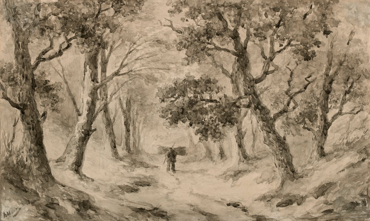A Wood Gatherer in the Forest (brunt blæk & vask på buff-papir) af Anton Mauve