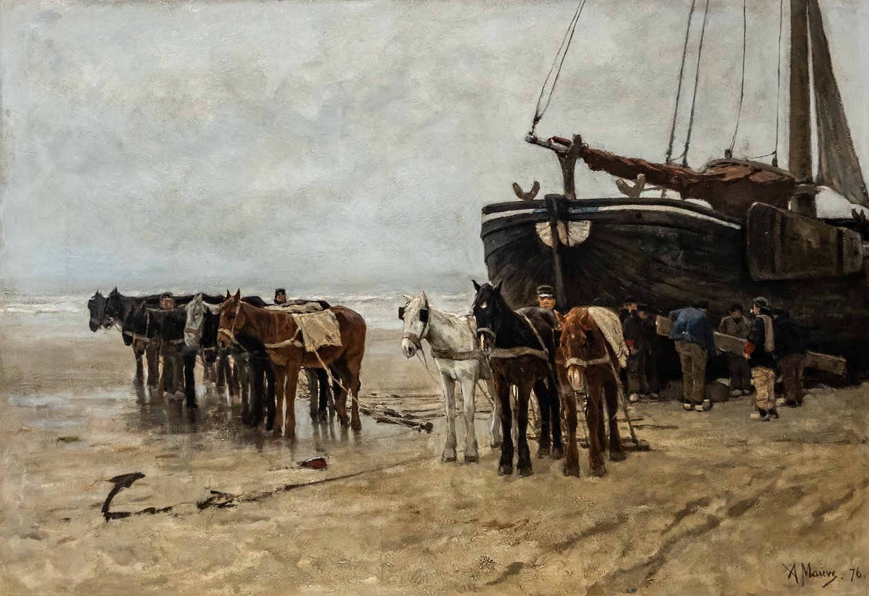 Hollandsk: Bomschuit med slæbeheste på Scheveningen-stranden Fiskebåd med slæbeheste på Scheveningen-stranden af Anton Mauve