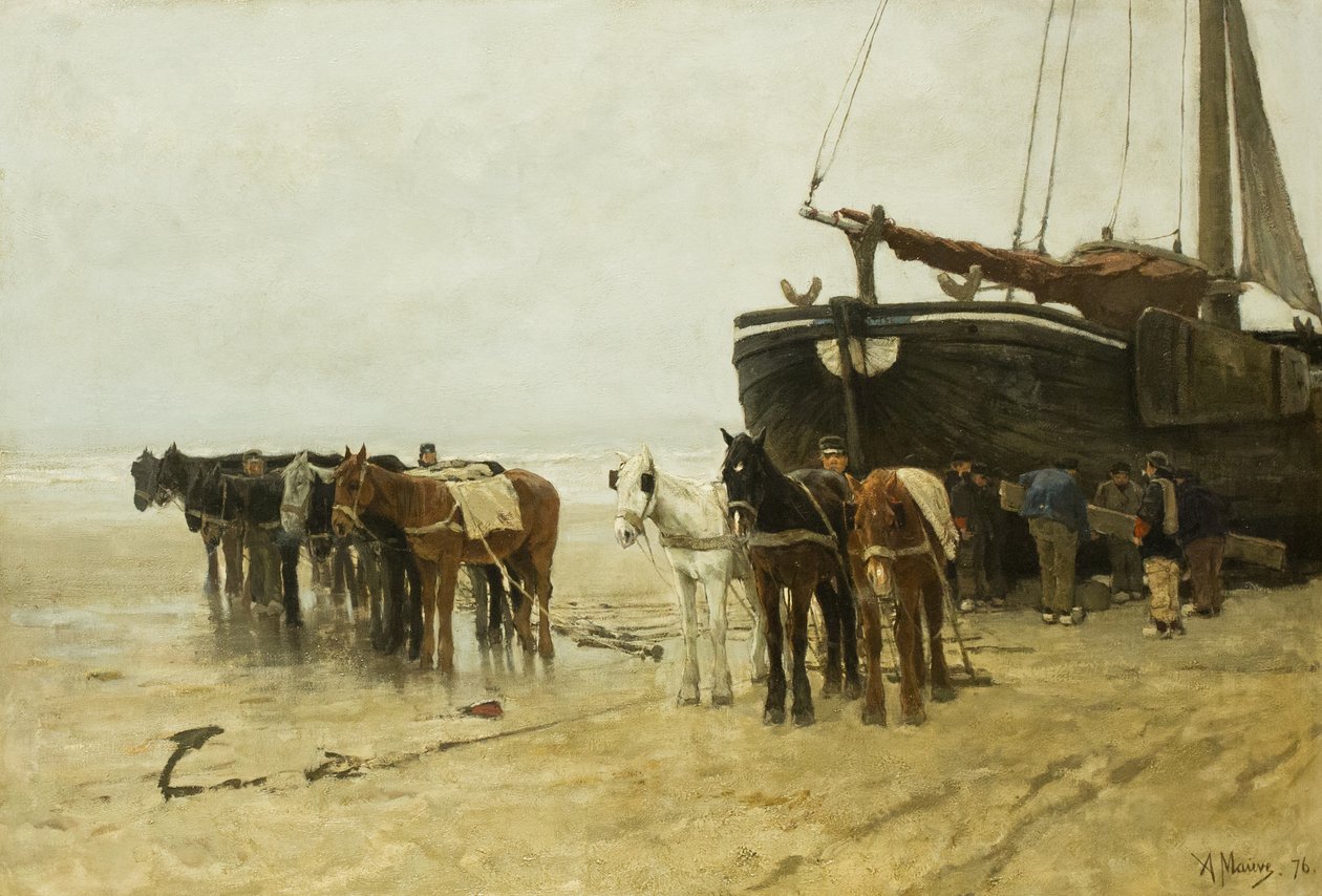 Hollandsk: Bomschuit med slæbeheste på Scheveningen-stranden Fiskebåd med slæbeheste på Scheveningen-stranden af Anton Mauve