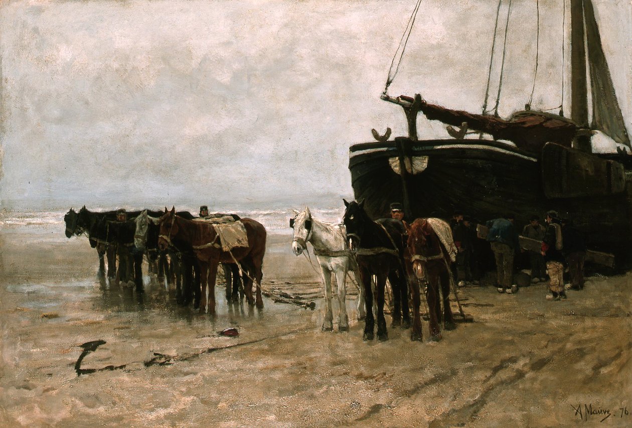 Hollandsk: Bomschuit med slæbeheste på Scheveningen-stranden Fiskebåd med slæbeheste på Scheveningen-stranden af Anton Mauve