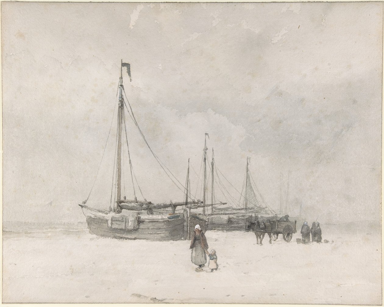 Fiskerbåde på stranden om vinteren af Anton Mauve