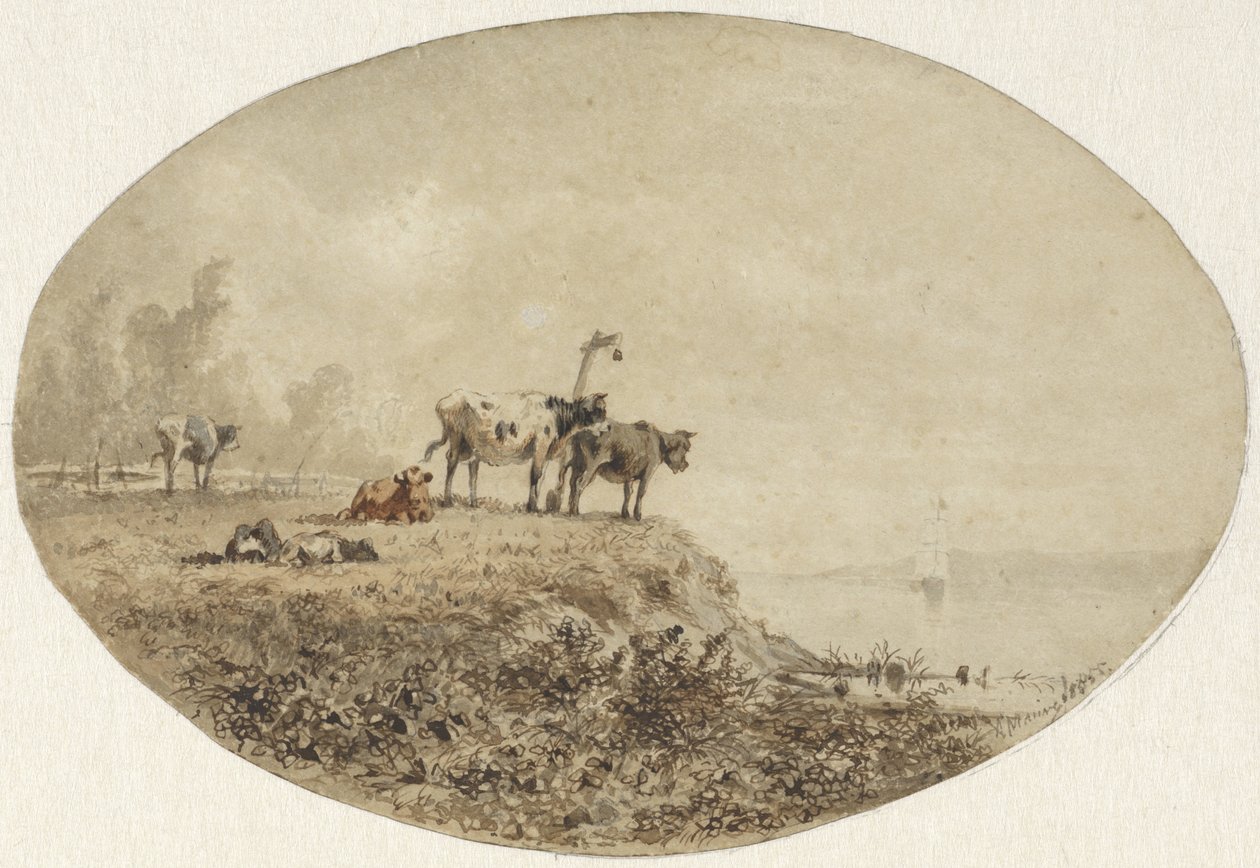 Køer ved vandet, i det fjerne et sejlskib af Anton Mauve