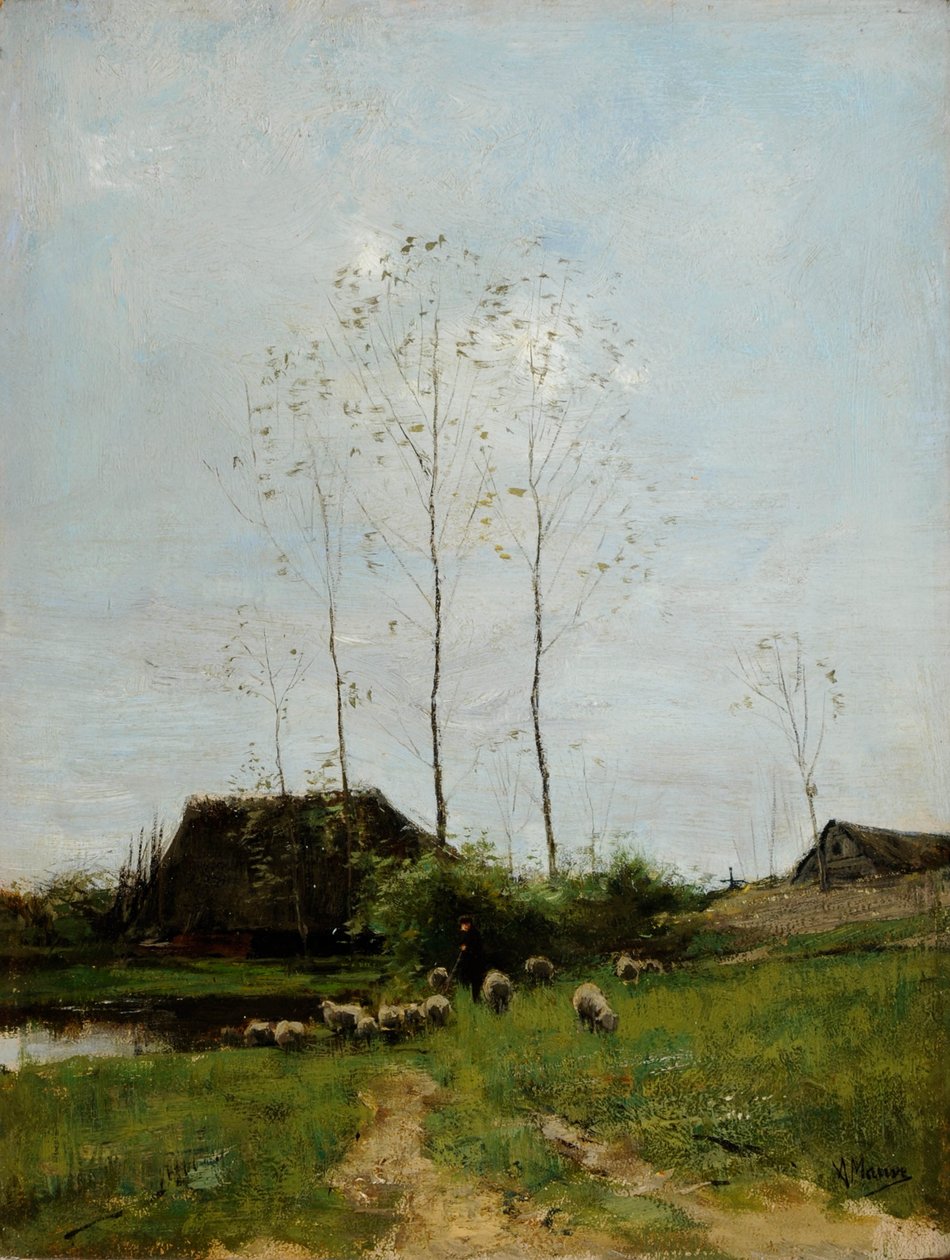 Landskab med hyrde og får (olie på lærred) af Anton Mauve