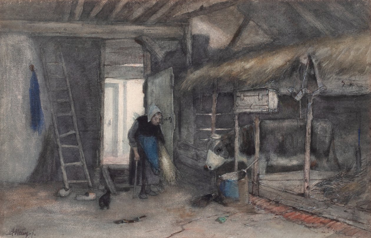 Morning Chores, n. 1845-1865 (akvarelli paperille) af Anton Mauve