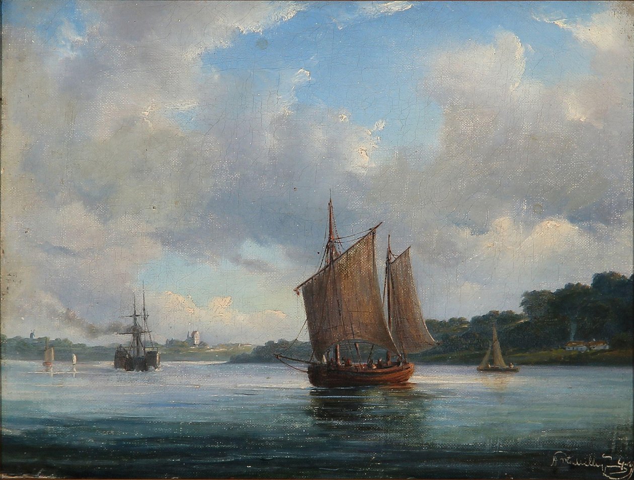Fjordscene med fiskerbåde og en hjuldamper af Anton Melbye