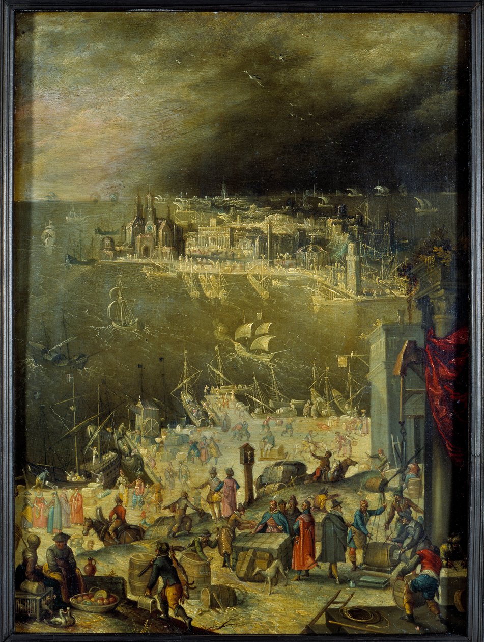 Udsigt over en søhavn Repræsentation af kommercielle aktiviteter, losning af varer, transaktioner på havnens dokker. Maleri tilskrevet Anton Mozart (1573-1625), søn. 0,3x0,22 m Paris, Louvre-museet af Anton Mozart