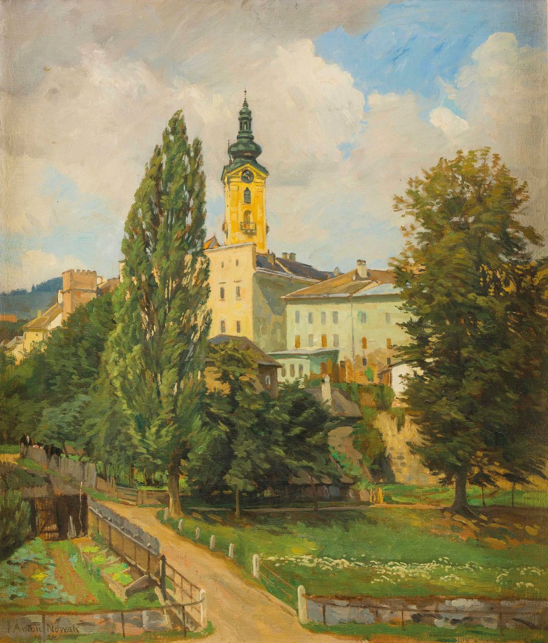 Tysk: Motiv fra Freistadt med forsvarstårn og kirke af Anton Nowak