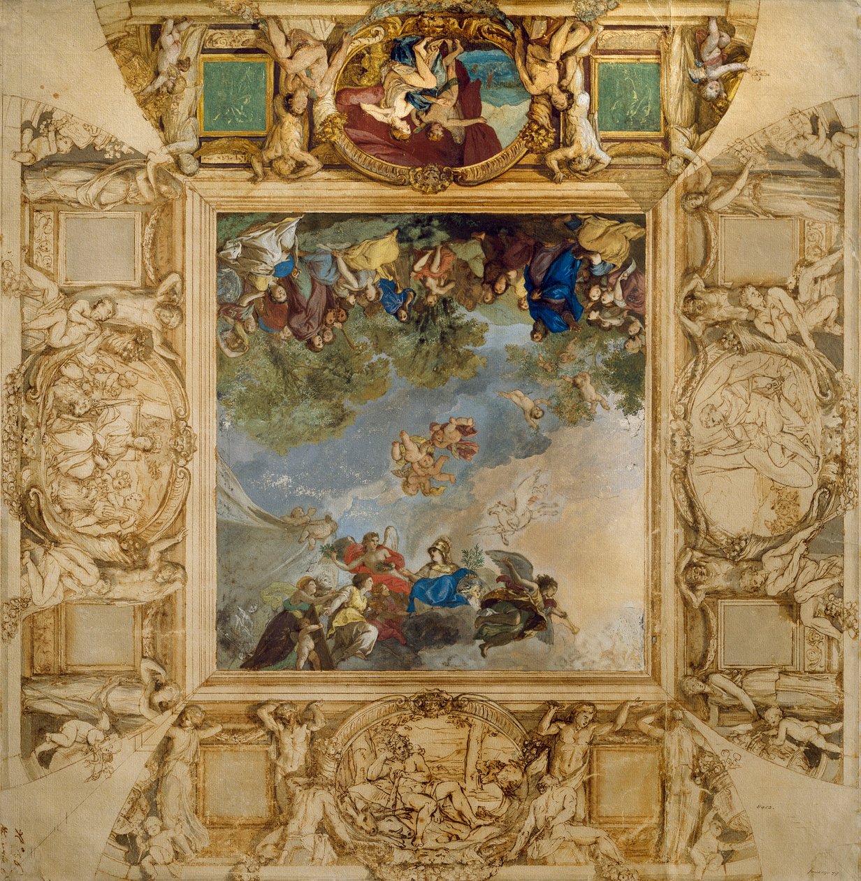 Apollon og Athene belønner Talenter og Minerva flankeret af karyatider og medaljoner forestillende Mars, Venus, Herkules og Cybele, af Anton Raphael Mengs af Anton Raphael Mengs