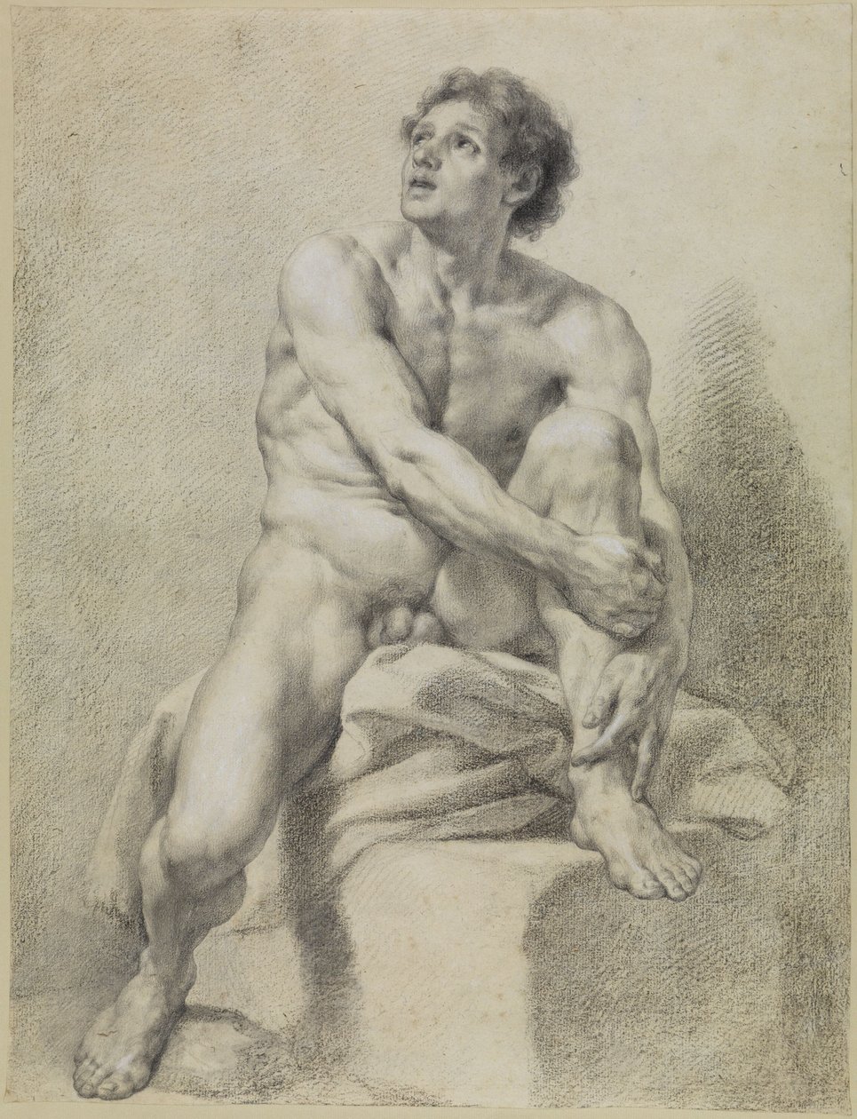 Siddende mandlig nøgenfigur, set omtrent forfra, med venstre ben løftet og holdt fast med begge hænder af Anton Raphael Mengs