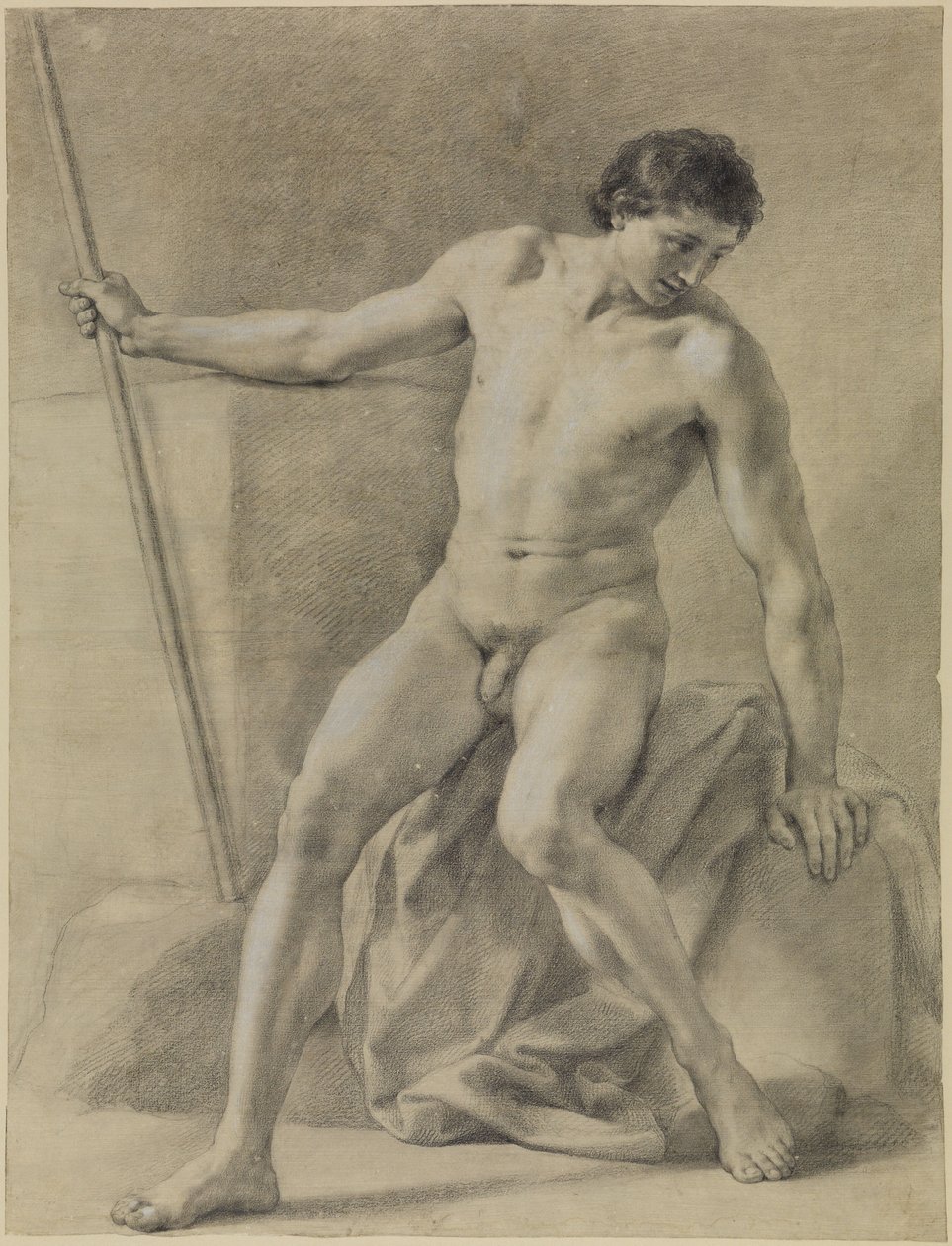 Siddende mandlig nøgenfigur, næsten forfra, stav i højre hånd, nedadskuende af Anton Raphael Mengs