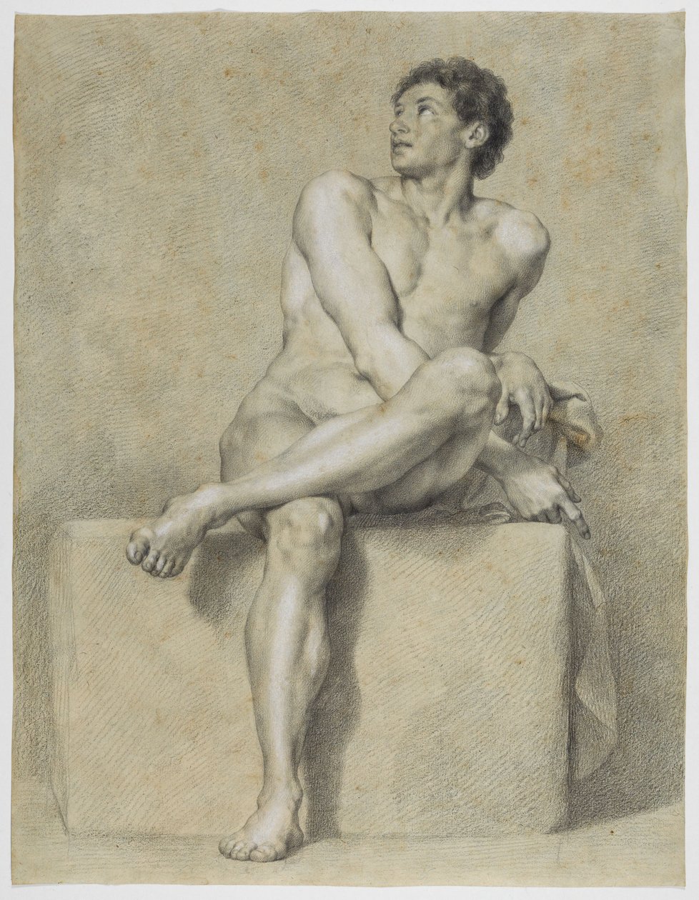 Siddende mandlig nøgenfigur, forfra, med venstre ben over det højre, seende opad af Anton Raphael Mengs