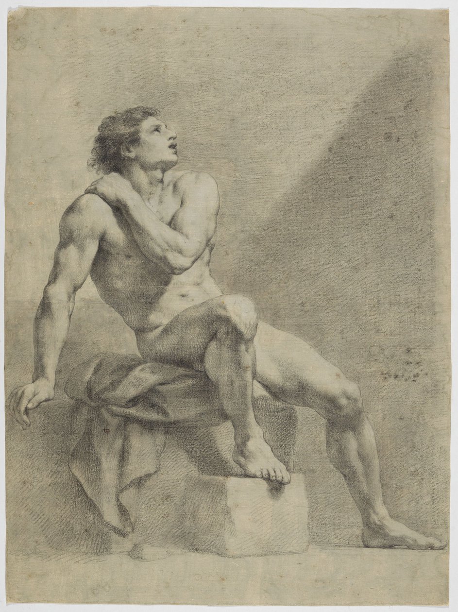 Siddende mandlig nøgenfigur, vendt skråt mod højre, med blikket rettet opad af Anton Raphael Mengs