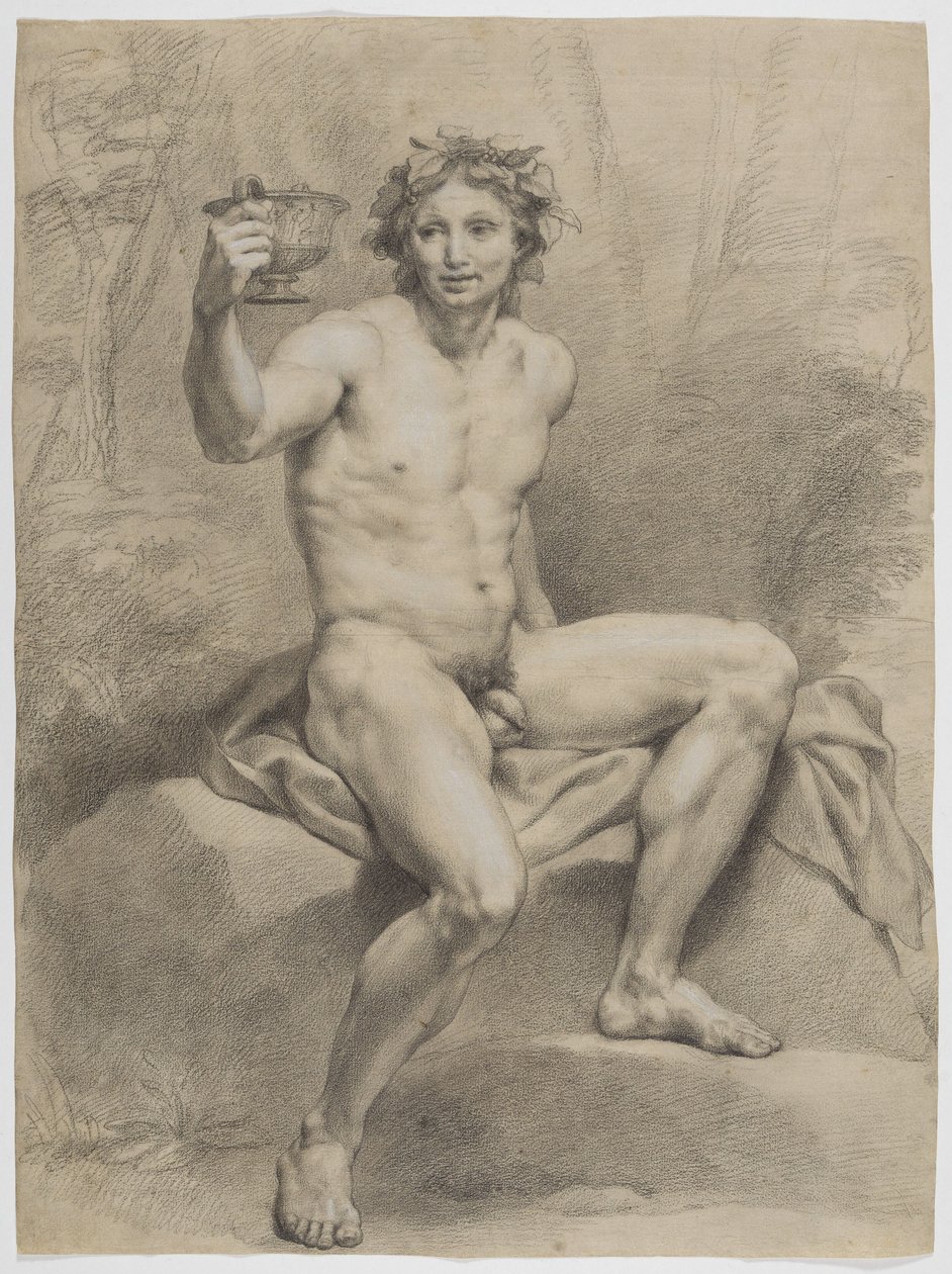 Siddende mandlig nøgenfigur, vendt skråt mod højre, med en vinbladskrans og en drikskål i højre hånd af Anton Raphael Mengs