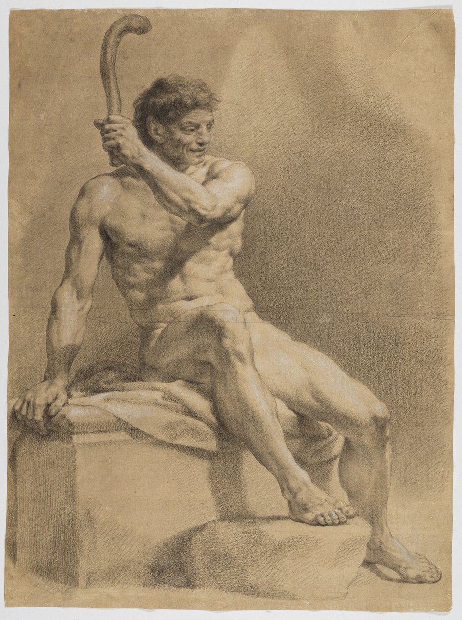 Siddende mandlig nøgenfigur, skråt mod højre, med en lille kølle løftet i venstre hånd af Anton Raphael Mengs