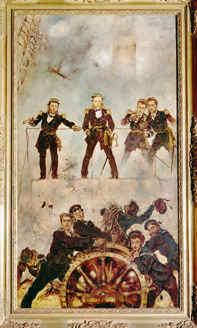 Admiral Wilhelm Tegethoff på broen på SMS Ærkehertug Ferdinand Max under slaget ved Lissa mod den italienske flåde ... (maleri på lærred) af Anton Romako