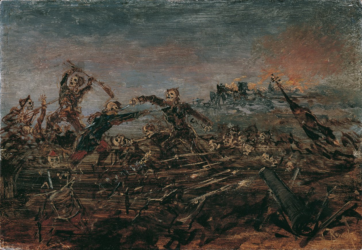 Dødedans på slagmarken foran brændende ruiner, 1882-1885. af Anton Romako