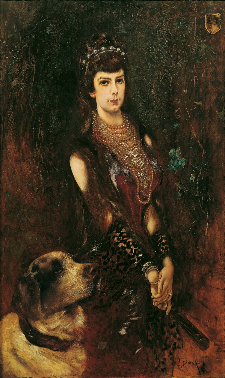 Portræt af Elisabeth af Bayern med Sankt Bernhardshund, 1883. af Anton Romako