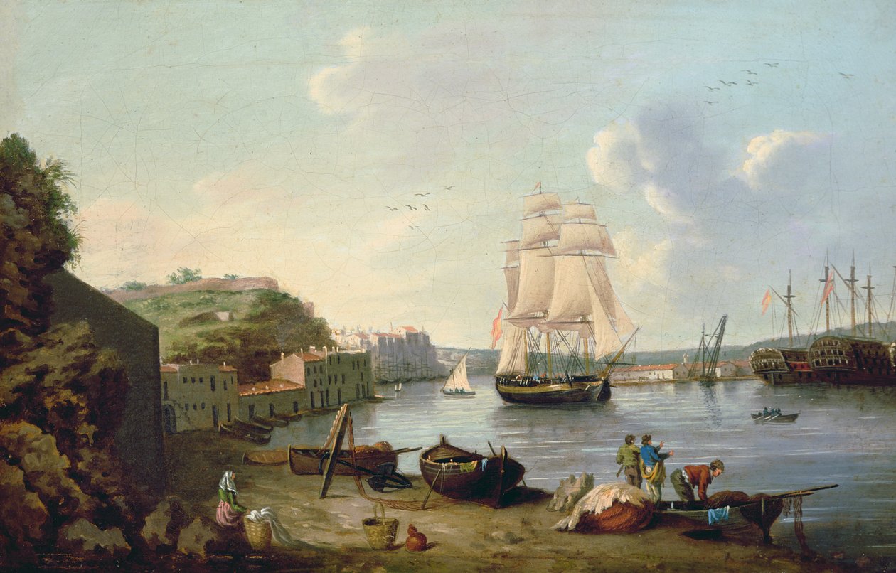 Skib under sejl i havnen ved Port Mahon, Minorca af Anton Schantz