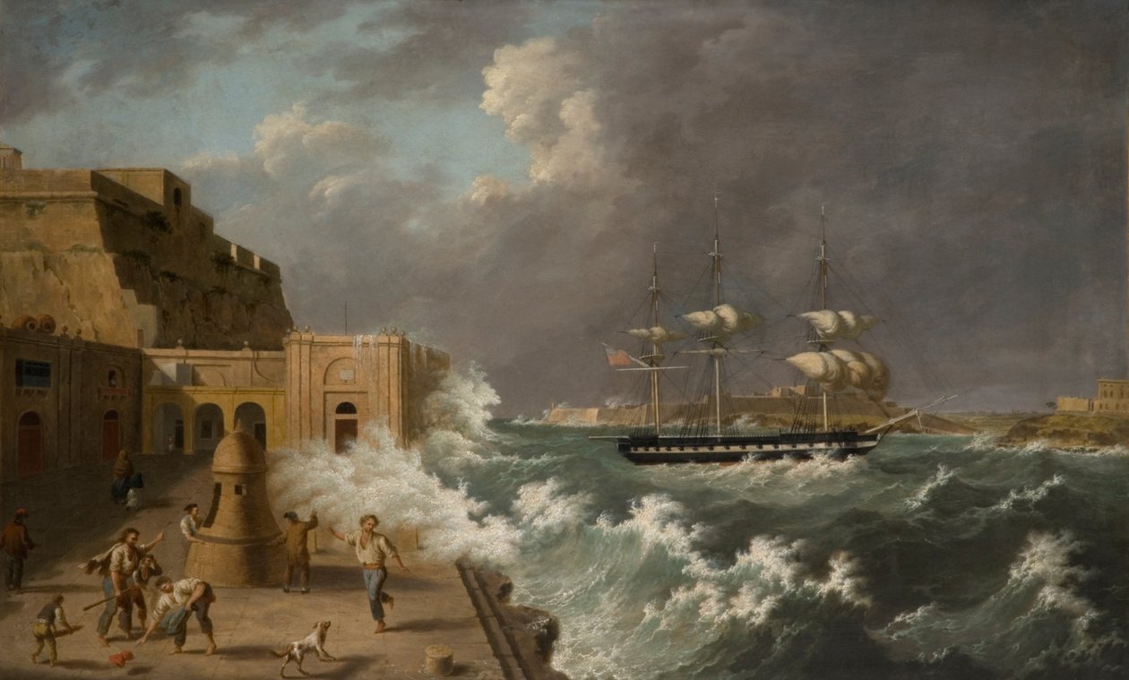 Harbour Scene, Malta (olie på kort) af Anton Schranz
