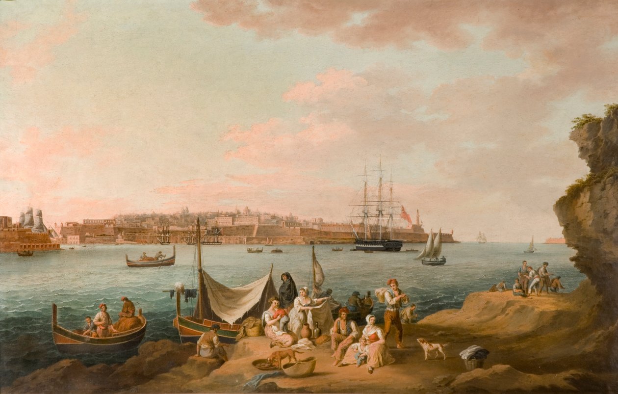 Harbour Scene, Malta (olie på kort) af Anton Schranz
