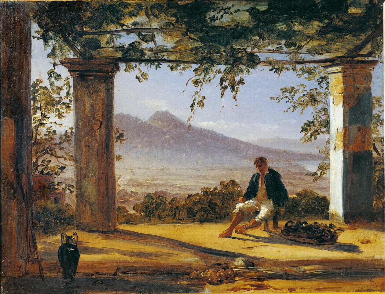 Italien under en arbor med Mount Vesuvius i baggrunden (olie på lærred) af Anton Sminck Pitloo