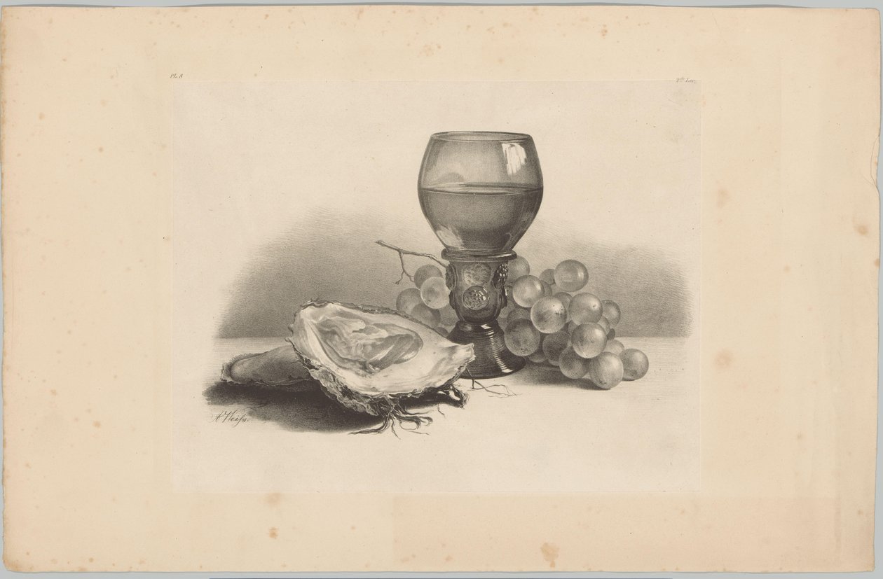 Stilleben med glas, østers og vindruer Blomster- og frugtstudier (...) 3. afsnit (serietitel) af Anton Weiss