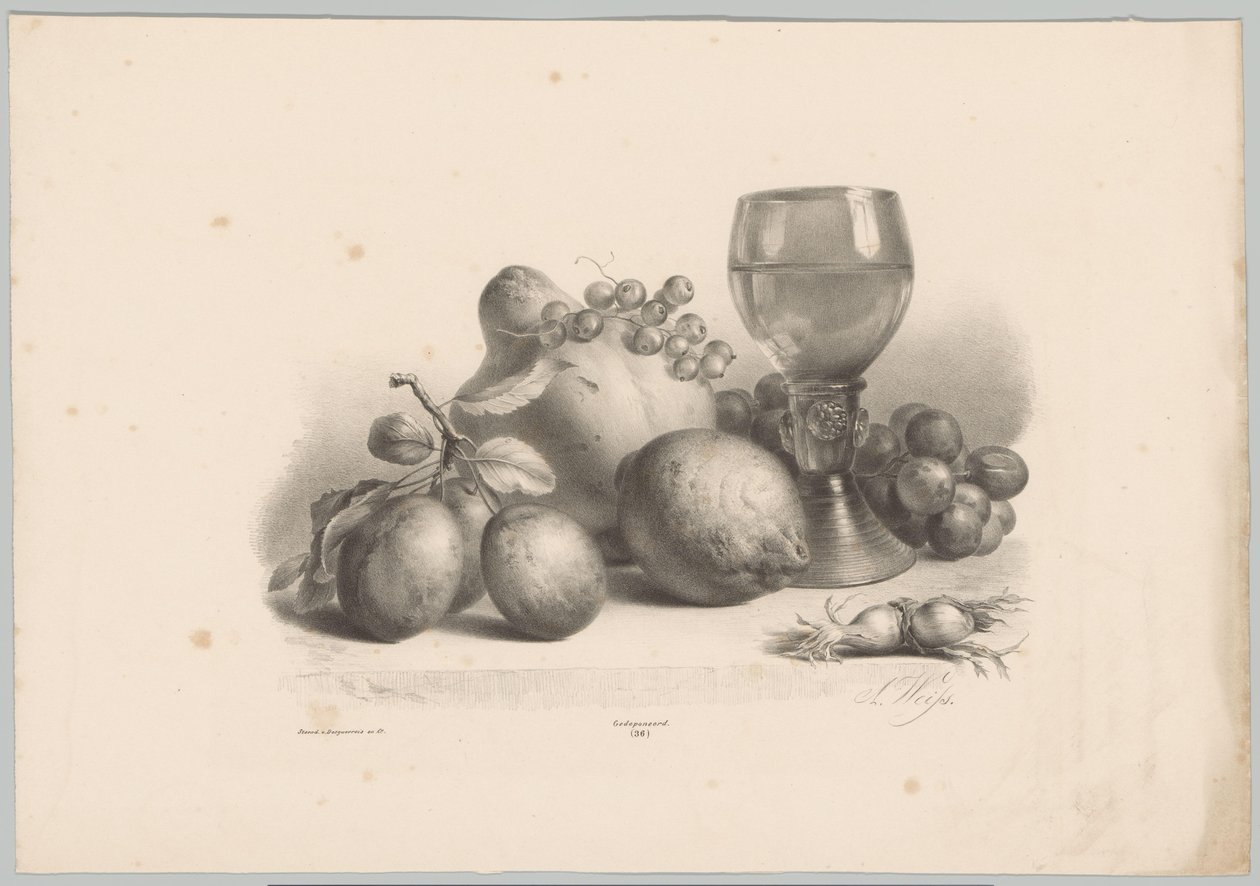 Stilleben med glas, blommer, citron, vindruer og hasselnødder Blomster- og frugtstudier (...) 10. afsnit (serietitel) af Anton Weiss