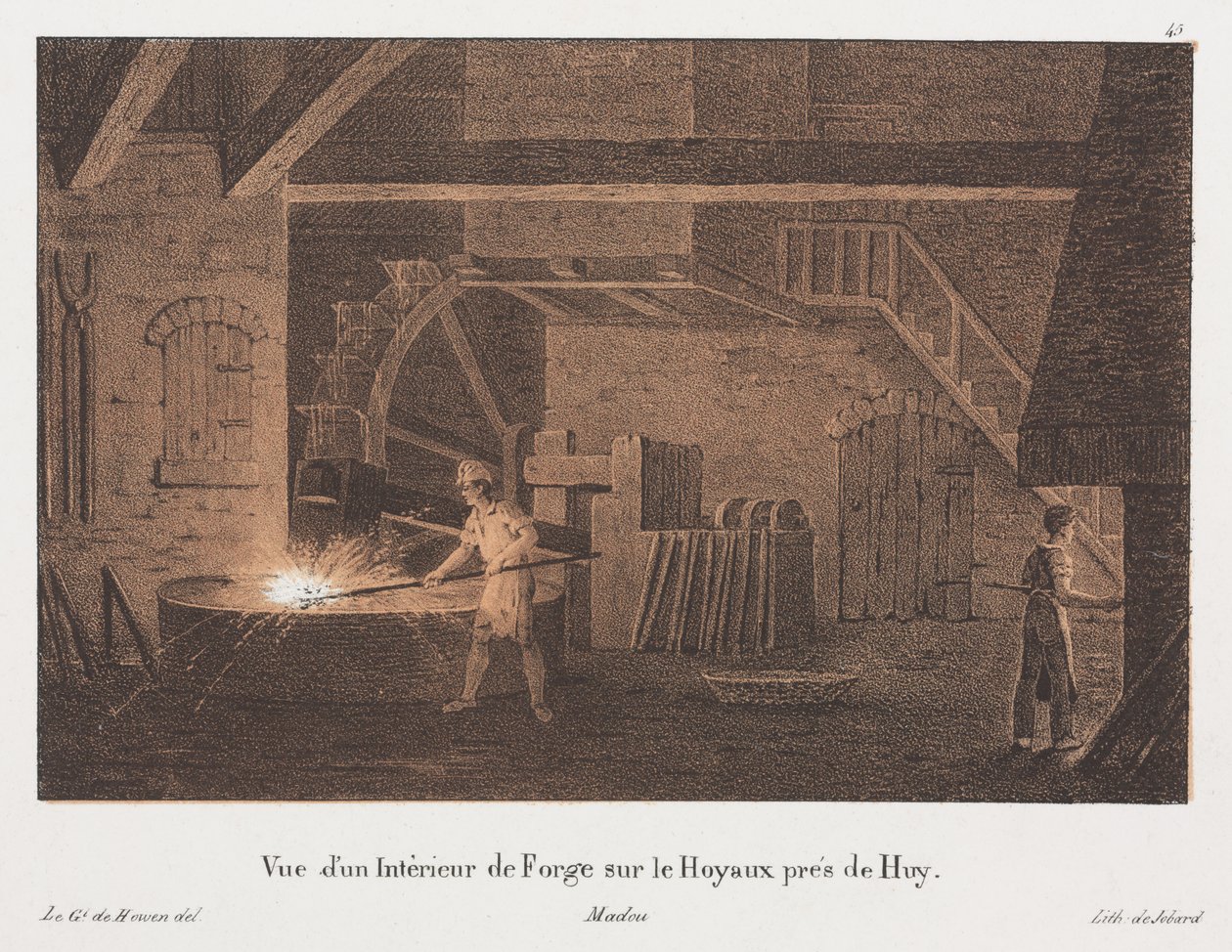 Interiør af en smedje nær Huy, Belgien, indgraveret af Jean-Baptiste Jobard (1792-1861) (tonet litho) af Anton de after Howen